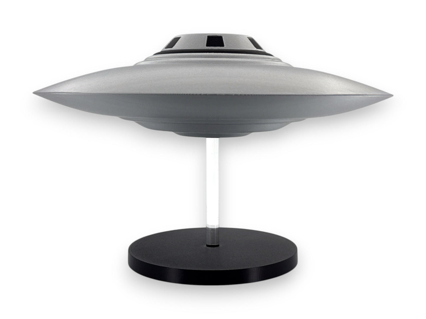 Bob Lazar UFO Model | Area 51 Flying Saucer | 3D Printed Silver & Black Replica | 4–12″ Sizes + Stand