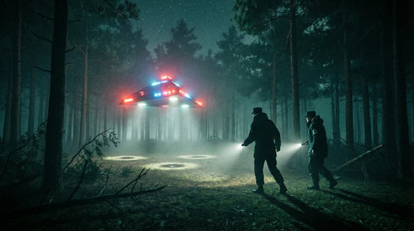 Rendlesham Forest UFO incident 1980 — triangular craft hovering in dark pine forest clearing with military personnel approaching