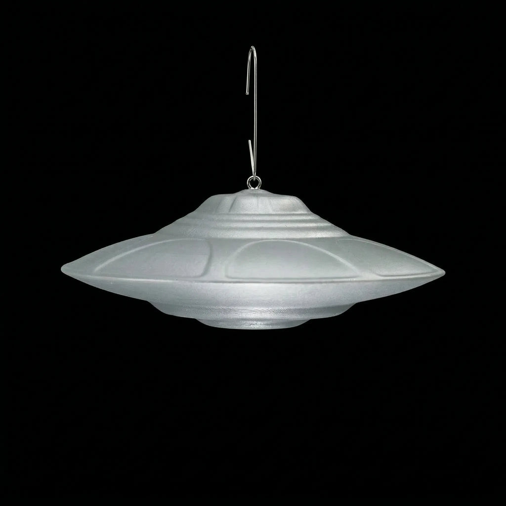 Classic Flying Saucer UFO Christmas ornament with metal hook, 3D printed in silver-grey PLA