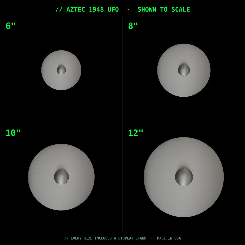 Aztec 1948 UFO size comparison - 6, 8, 10, 12 inch shown to scale