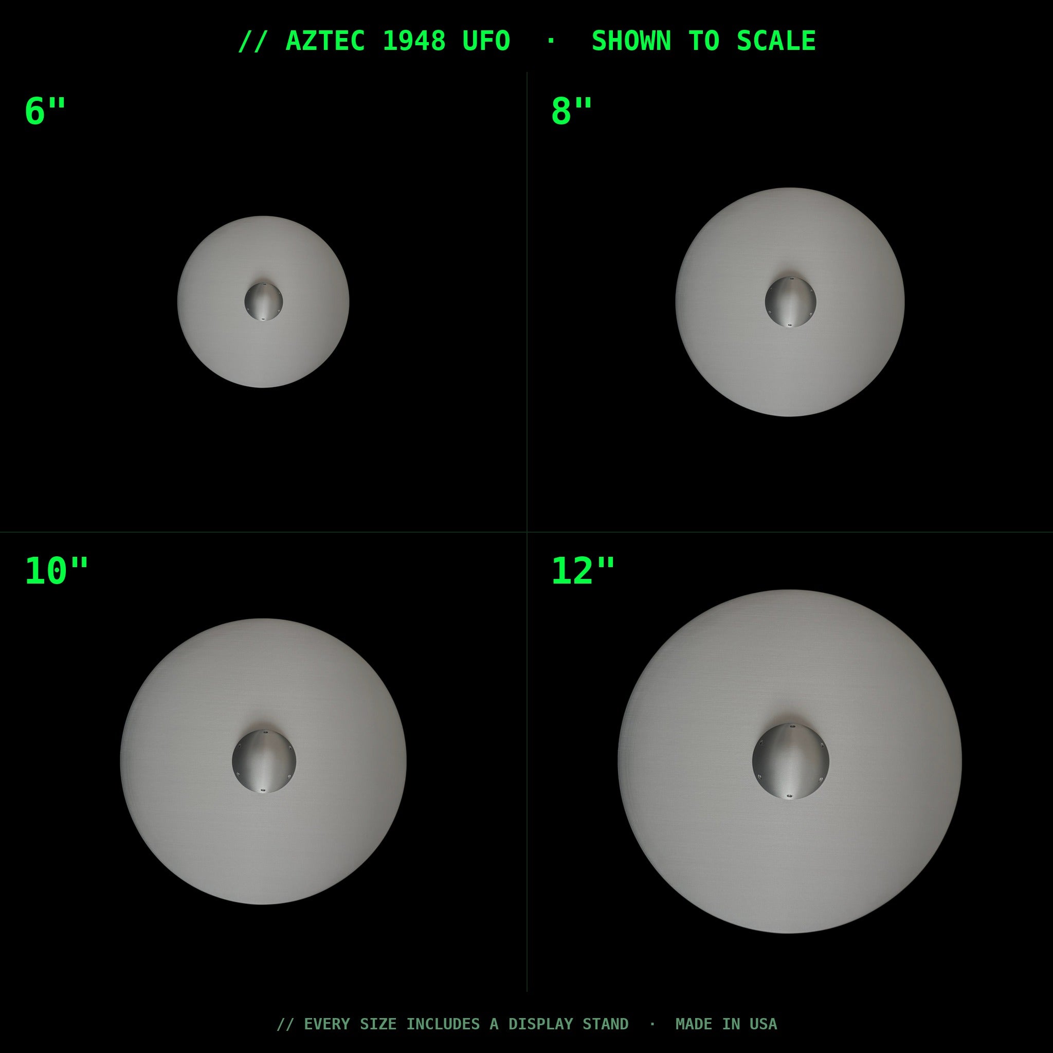 Aztec 1948 UFO size comparison - 6, 8, 10, 12 inch shown to scale
