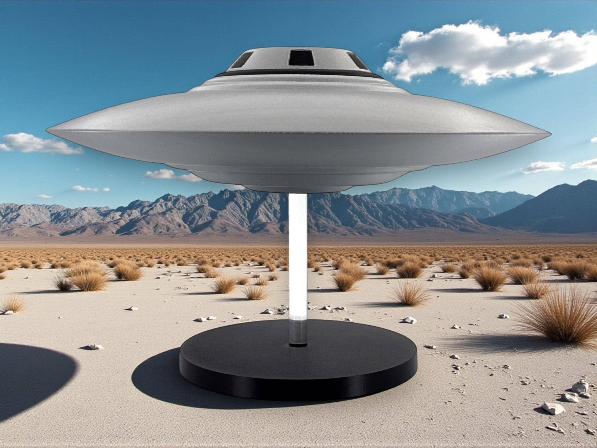 Bob Lazar UFO Model | Area 51 Flying Saucer | 3D Printed Silver & Black Replica | 4–12″ Sizes + Stand