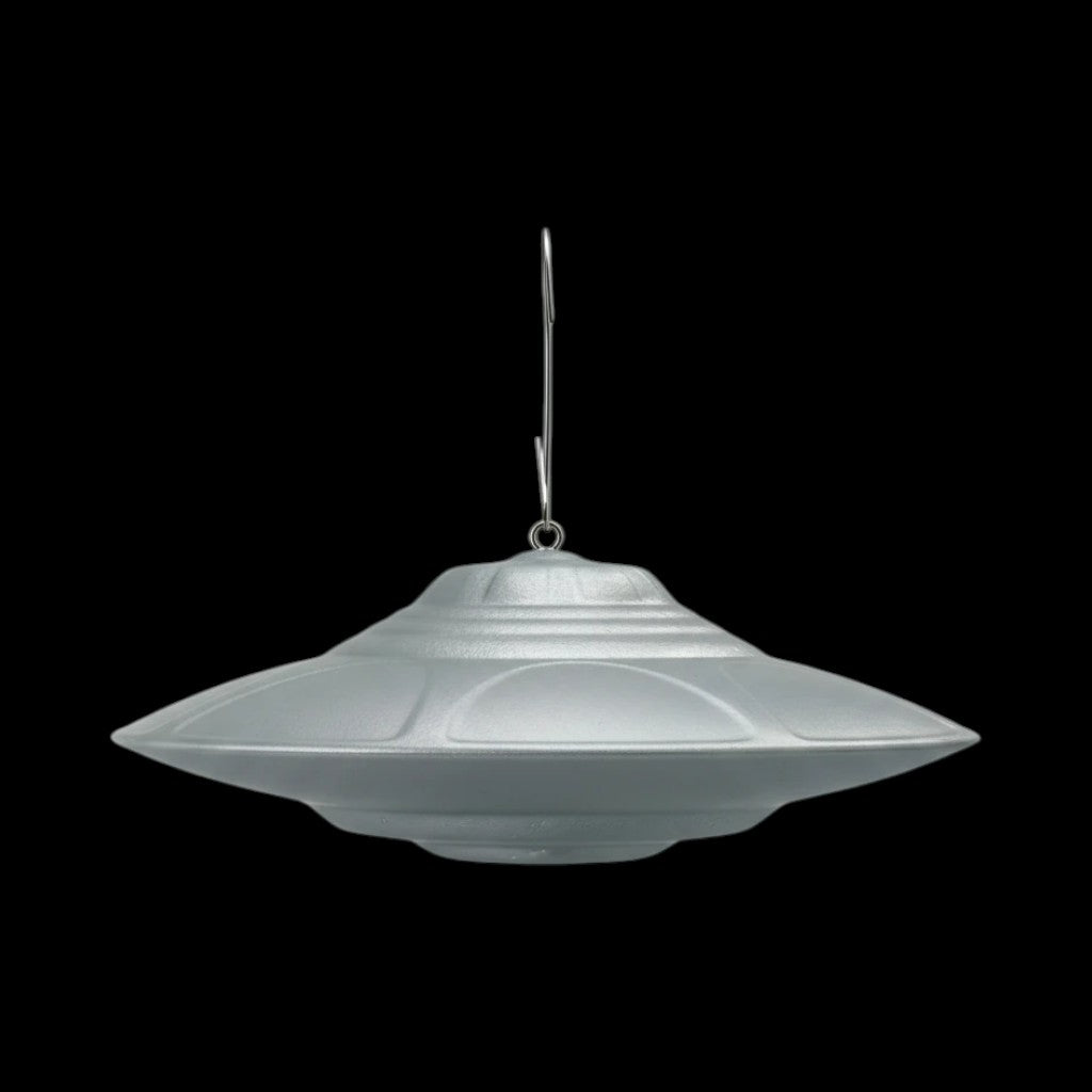 UFODesigns3D silver grey 3D-printed PLA flying saucer ornament with hanging loop for holiday tree or display.