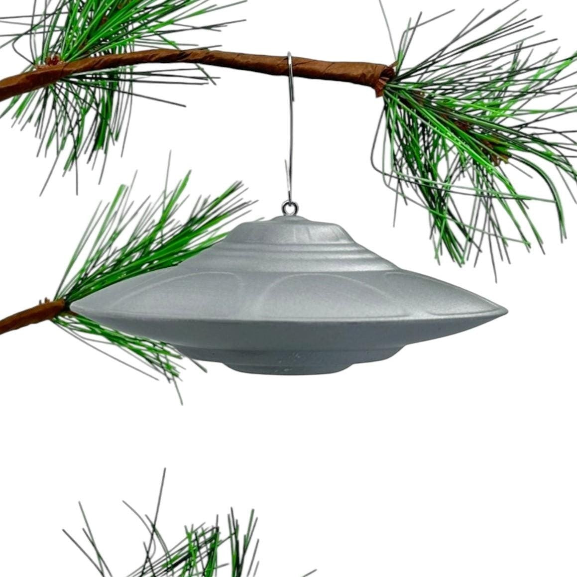 Classic Flying Saucer UFO Ornament – 3"–4" — view 3, 3D printed replica on black background