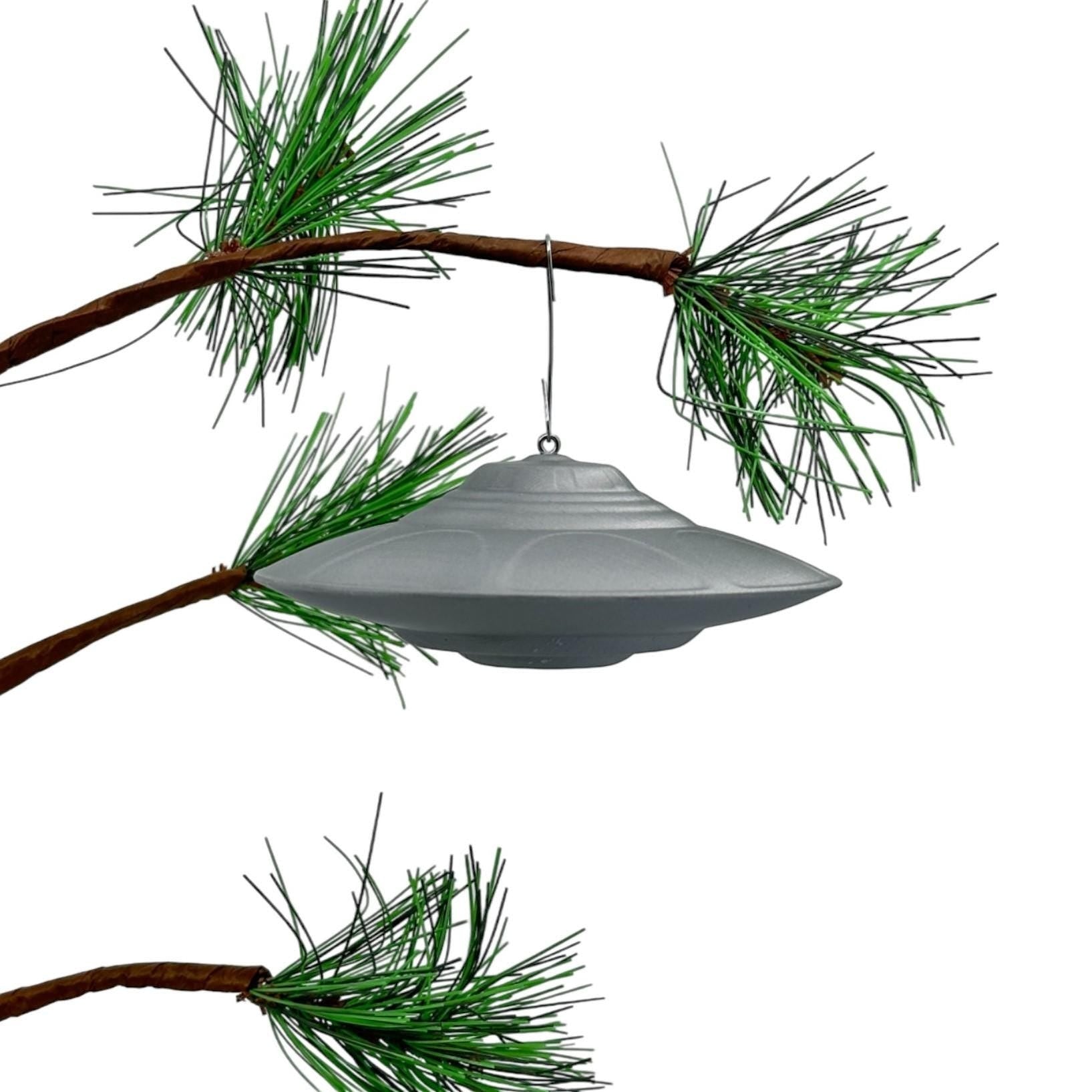 Classic Flying Saucer UFO Ornament – 3"–4" — view 4, 3D printed replica on black background