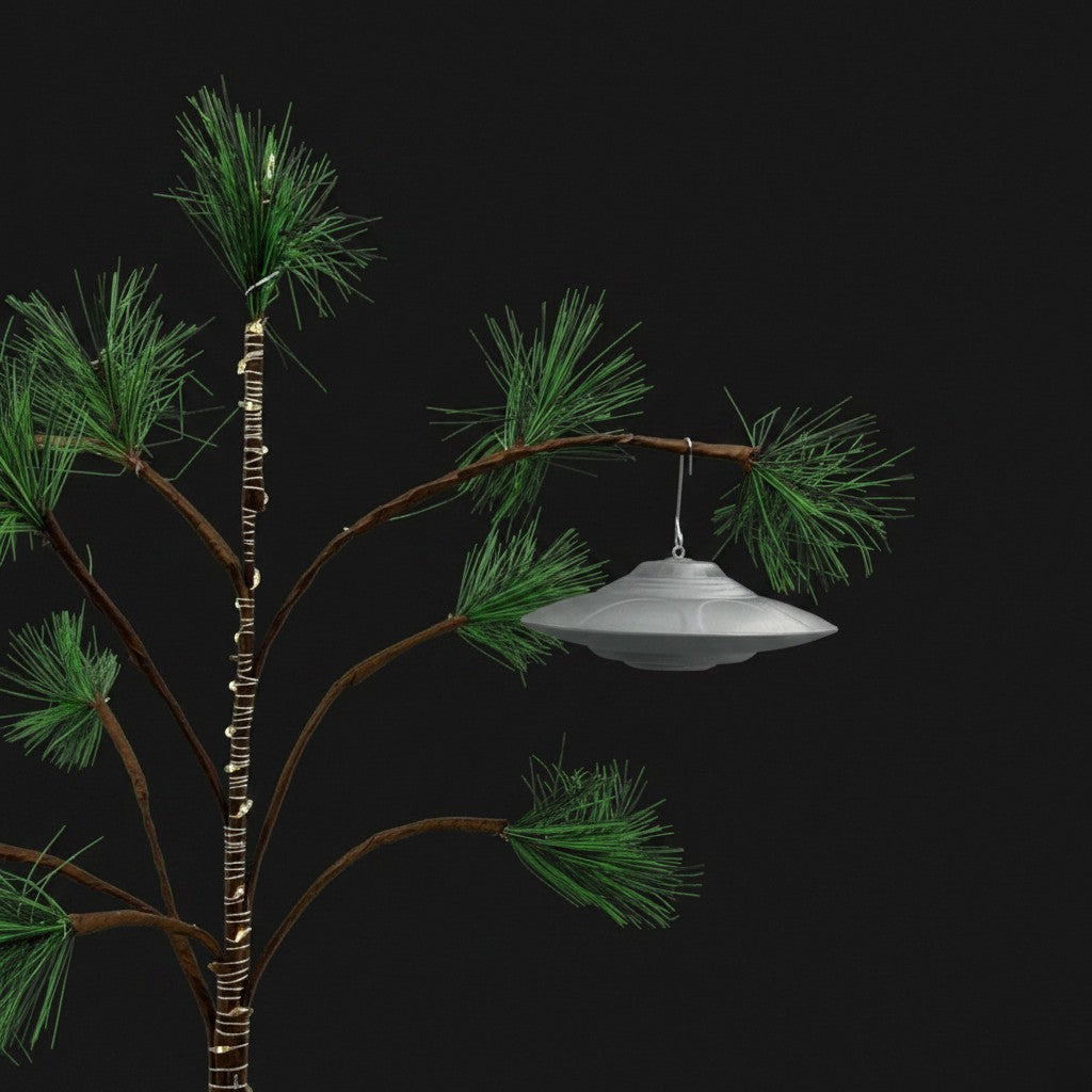 UFODesigns3D silver grey flying saucer UFO ornament hanging from a pine tree branch against a black background.