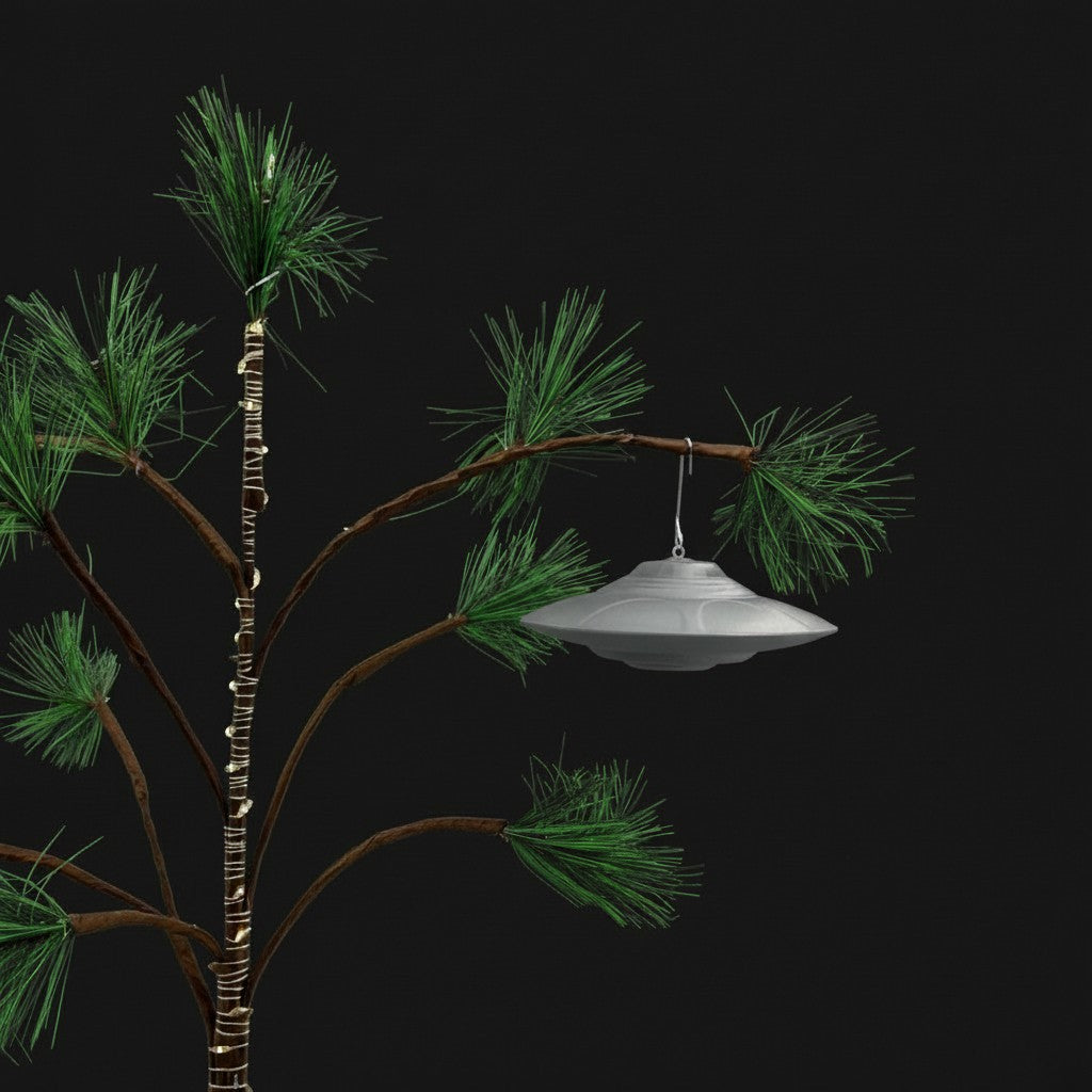 UFODesigns3D silver grey 3D-printed flying saucer UFO ornament hanging from a pine tree branch