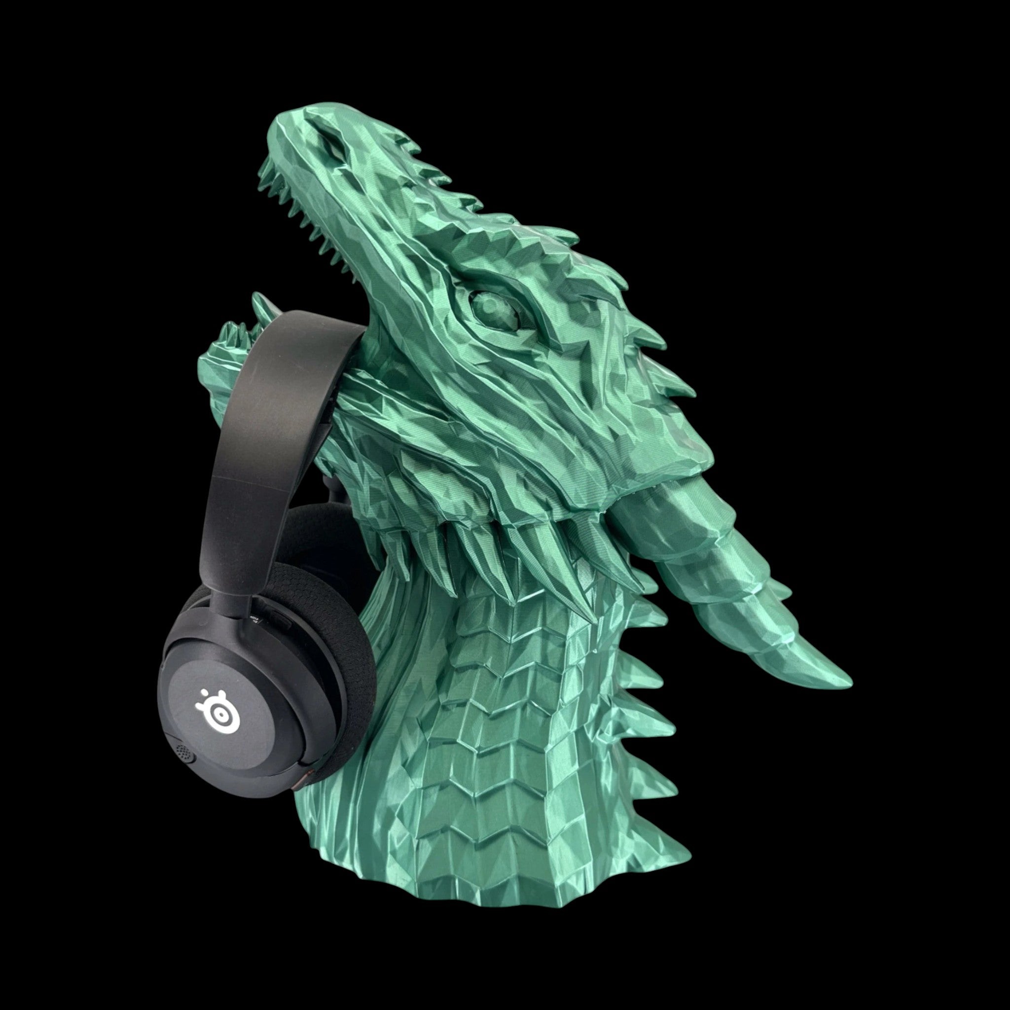 Dragon Headphone Stand 12 Inch Geometric 3D Printed Green Metallic Finish by UFODesigns3D