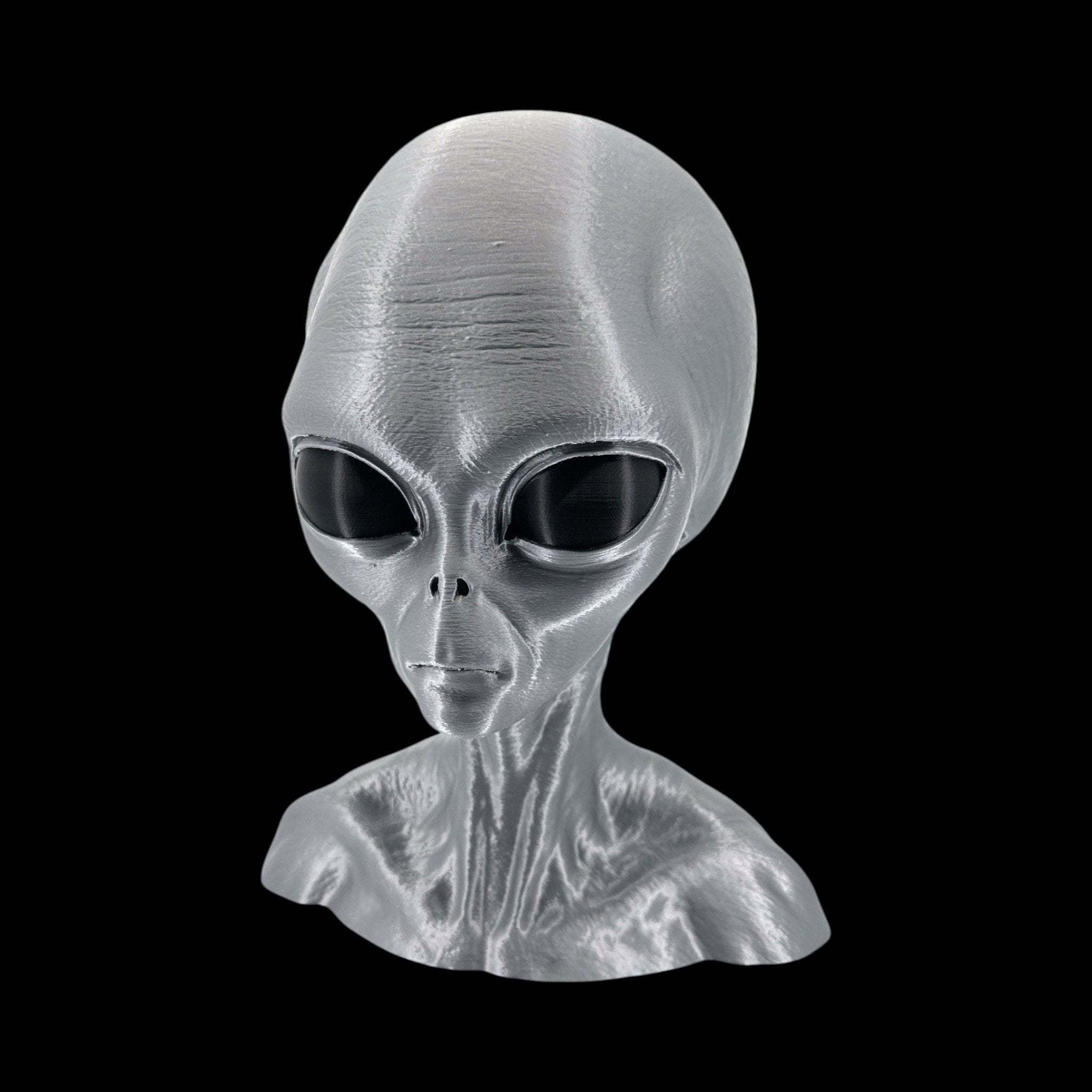 Grey Alien Head Bust – 4"–12" — view 2, 3D printed replica on black background