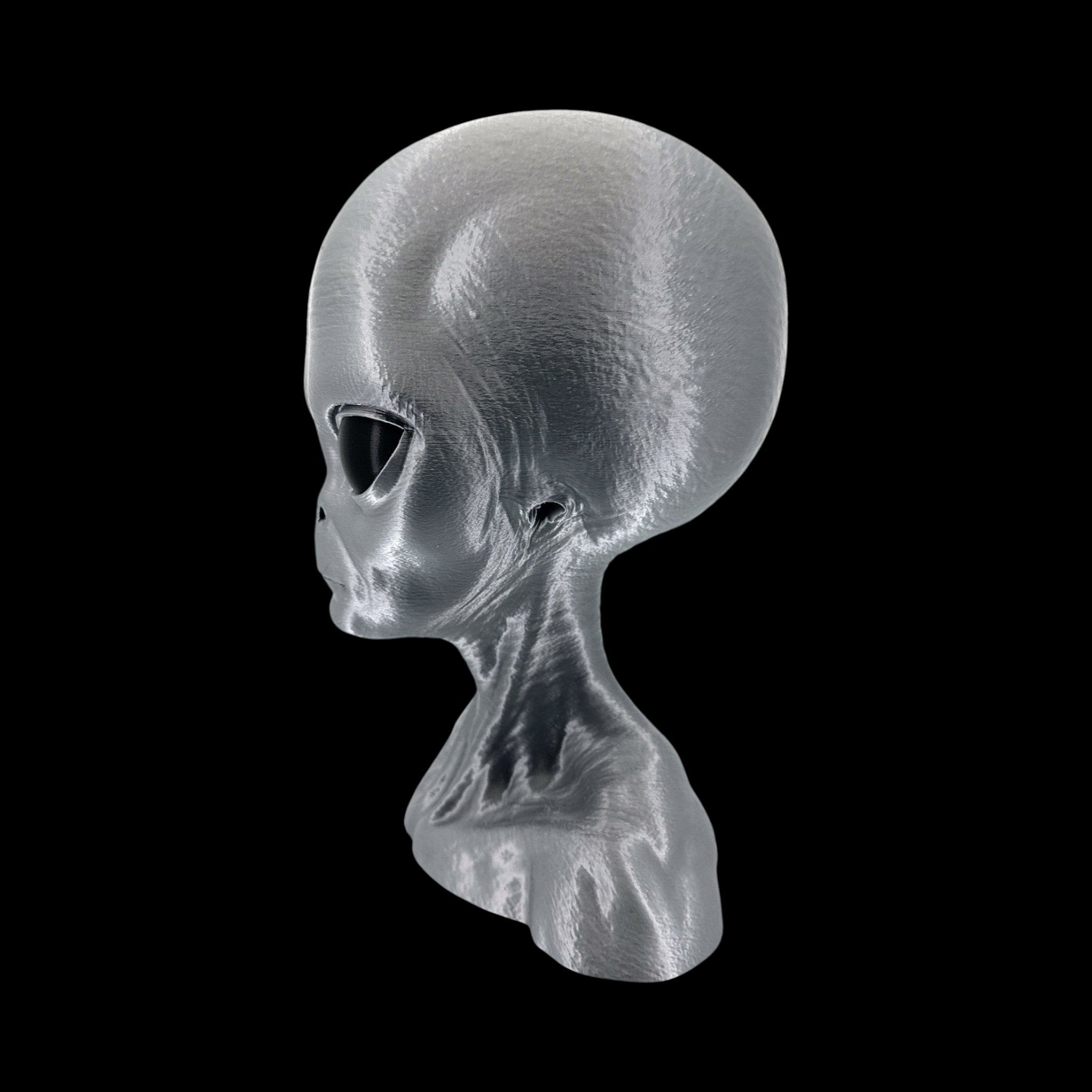 Grey Alien Head Bust – 4"–12" — view 4, 3D printed replica on black background