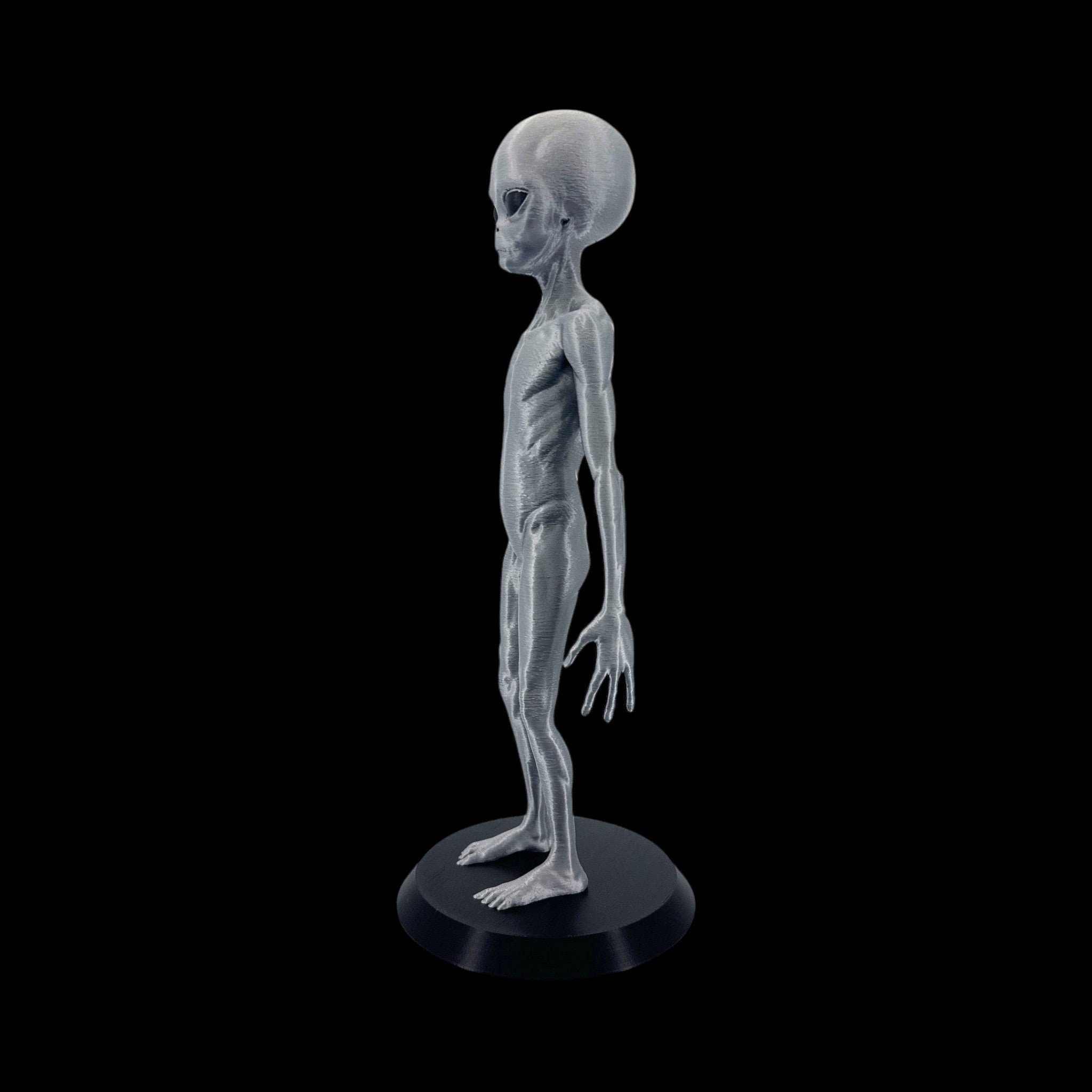 Grey Alien Figurine – 10"–12" — view 3, 3D printed replica on black background