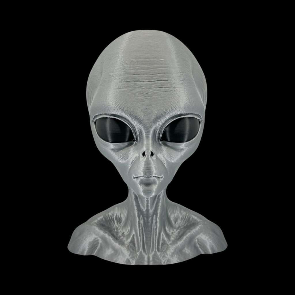 Grey Alien Headphone Stand – 12" — on display stand, 3D printed replica on black background