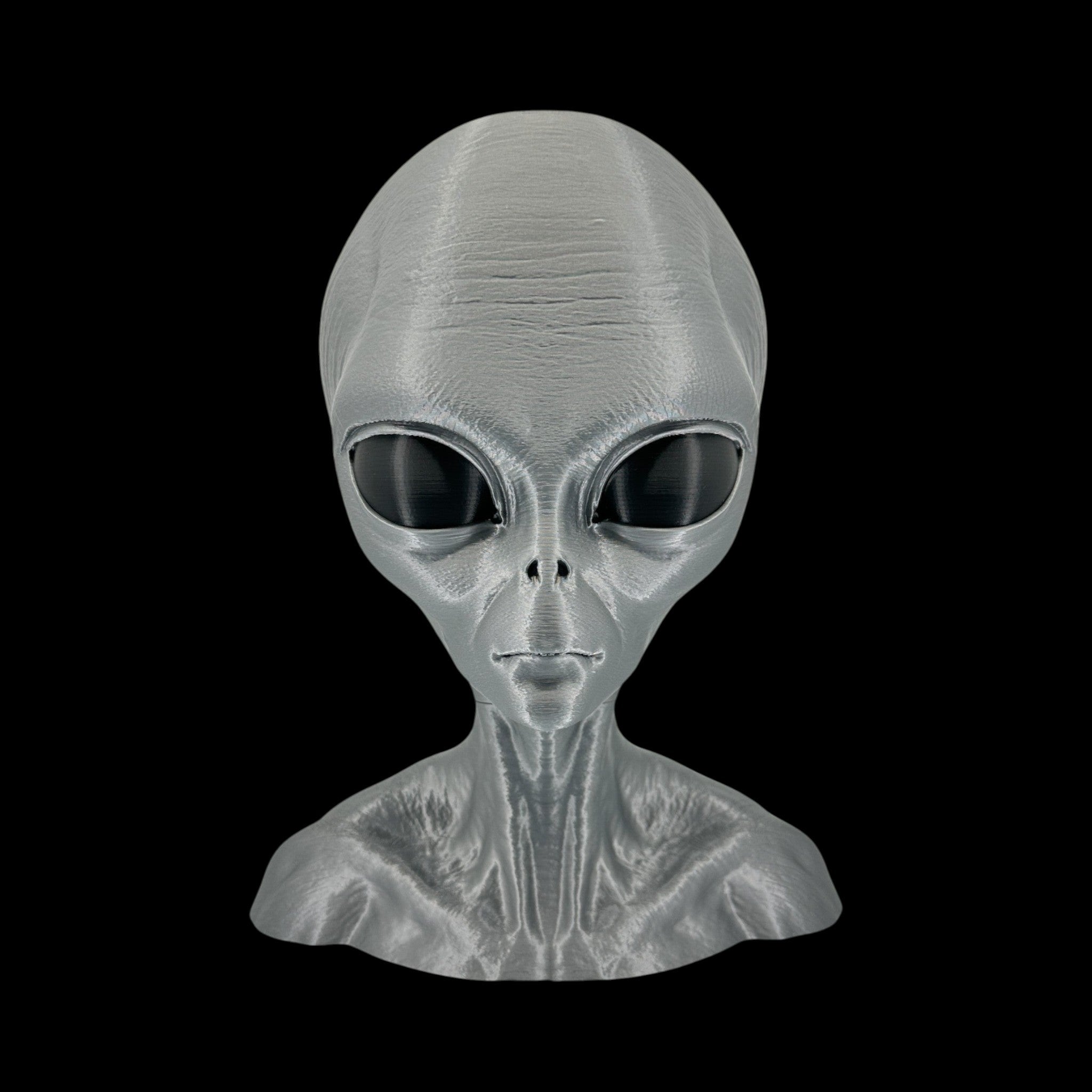 Grey Alien Headphone Stand – 12" — on display stand, 3D printed replica on black background