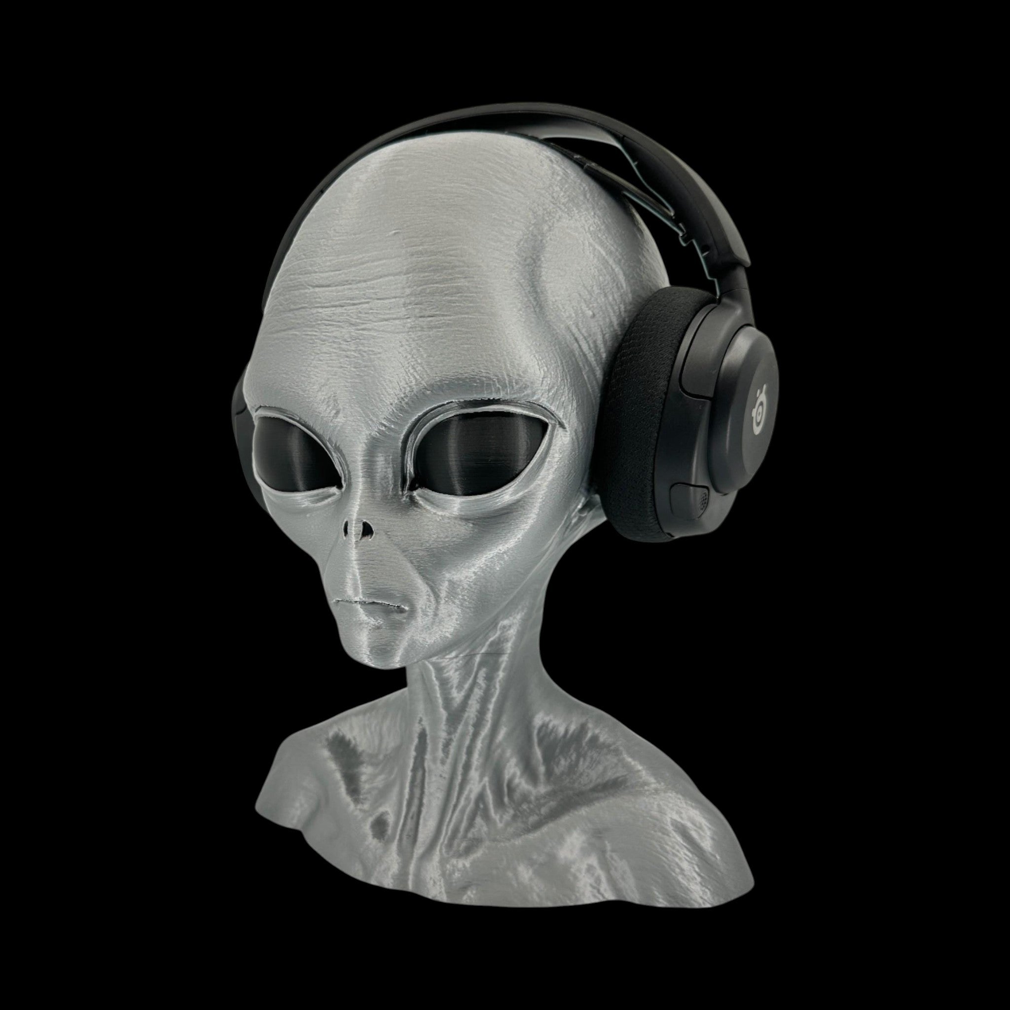 Grey Alien Headphone Stand – 12" — view 1, 3D printed replica on black background
