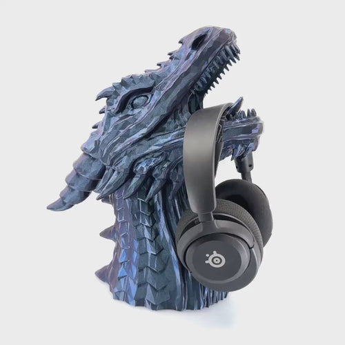 Dragon Headphone Stand and Headset Holder, 12 Inch Tall Dragon Bust Statue, 3D Printed Geometric Dragon Head Decor, Gaming Accessory