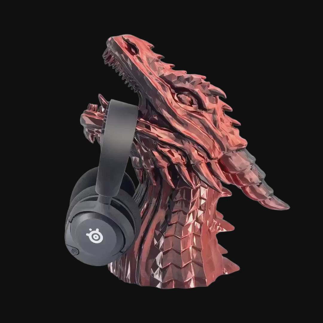 Dragon Headphone Stand – Silk PLA — rotating product video, 3D printed replica on black background