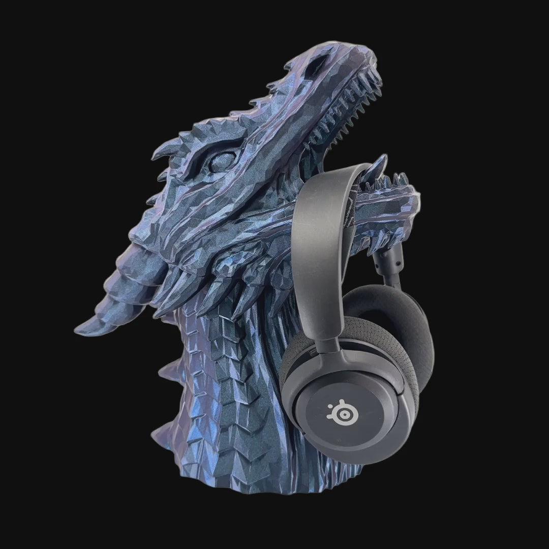 Dragon Headphone Stand — rotating product video, 3D printed replica on black background