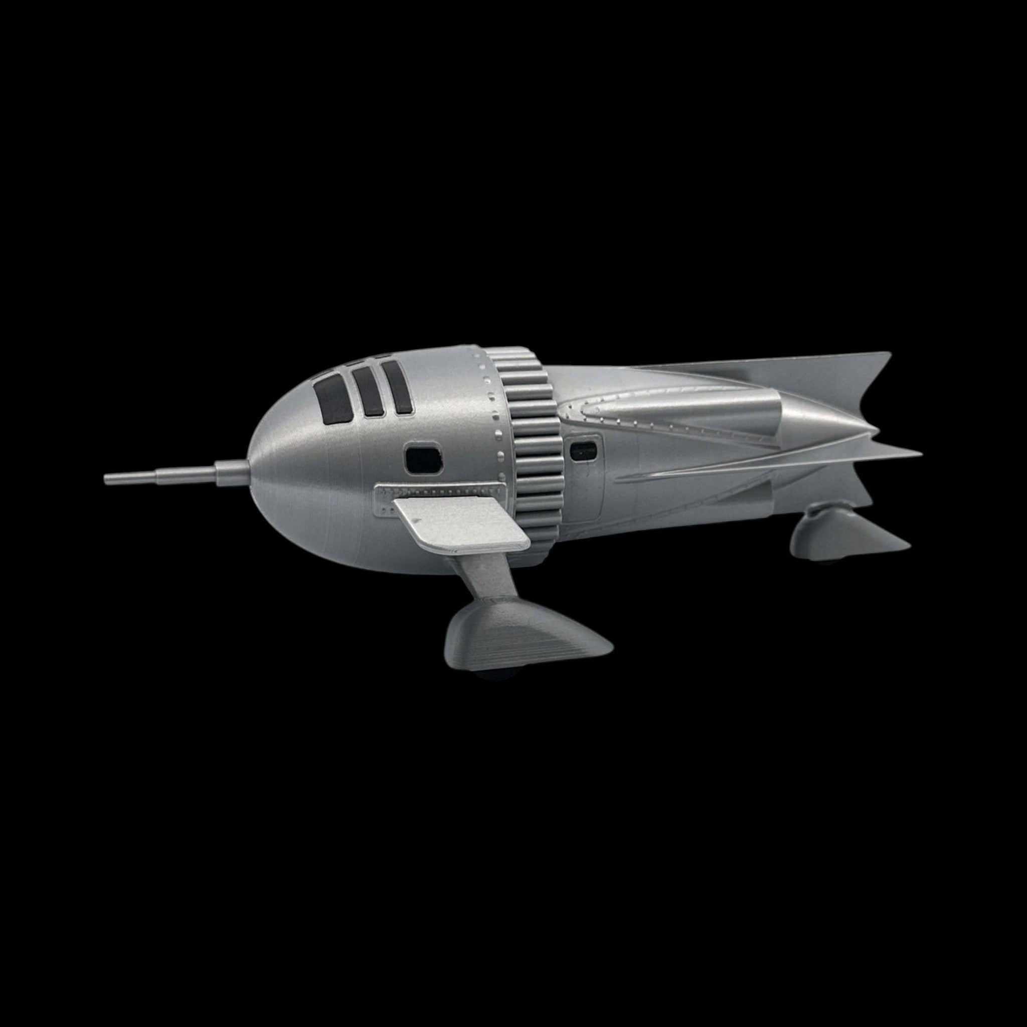 Dr. Zarkov's Rocket Ship – Flash Gordon — view 2, 3D printed replica on black background