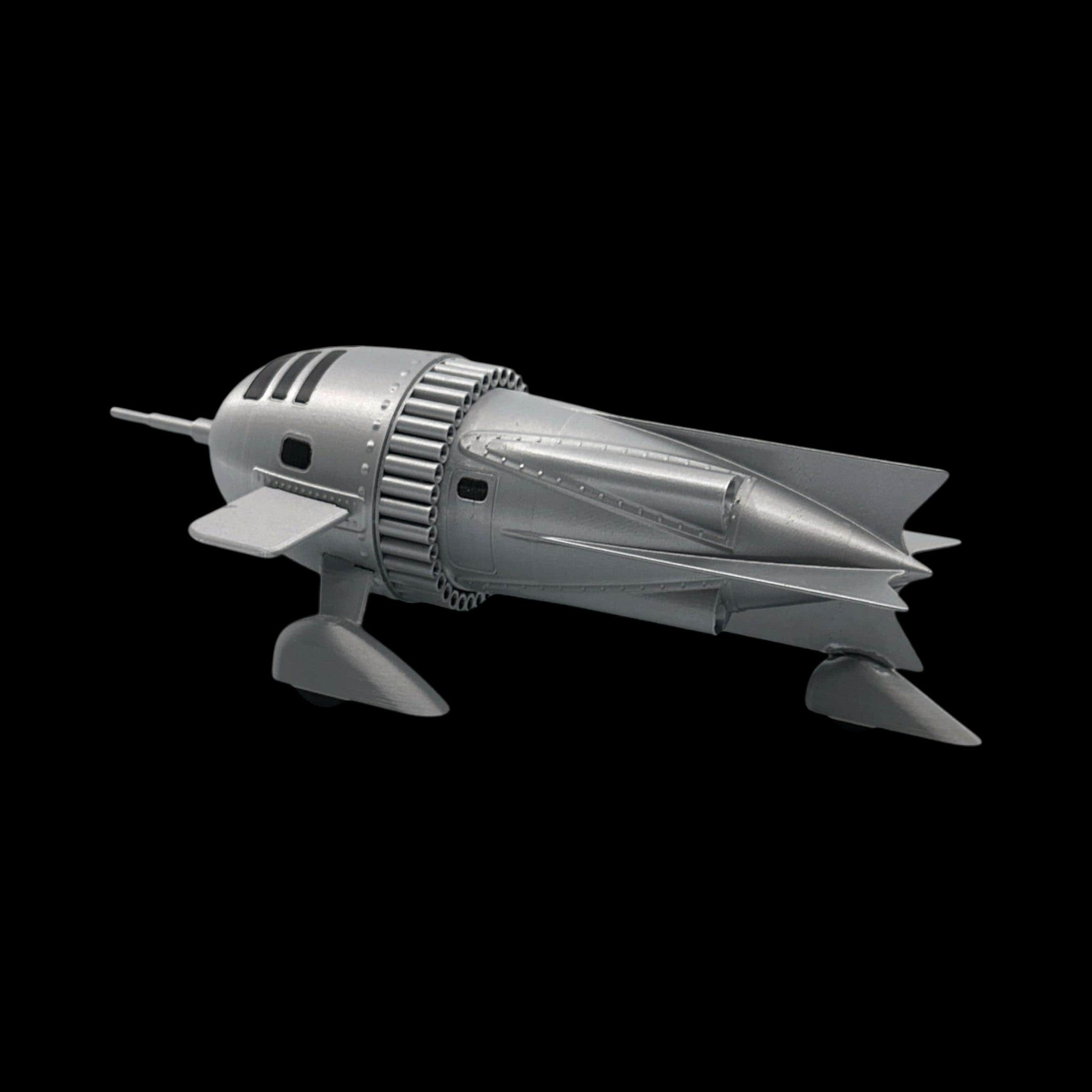 Dr. Zarkov's Rocket Ship – Flash Gordon — view 3, 3D printed replica on black background