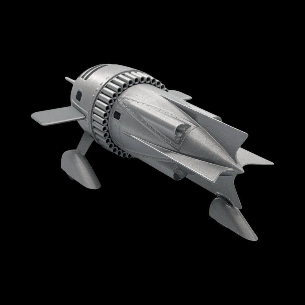 Dr. Zarkov's Rocket Ship – Flash Gordon — view 4, 3D printed replica on black background
