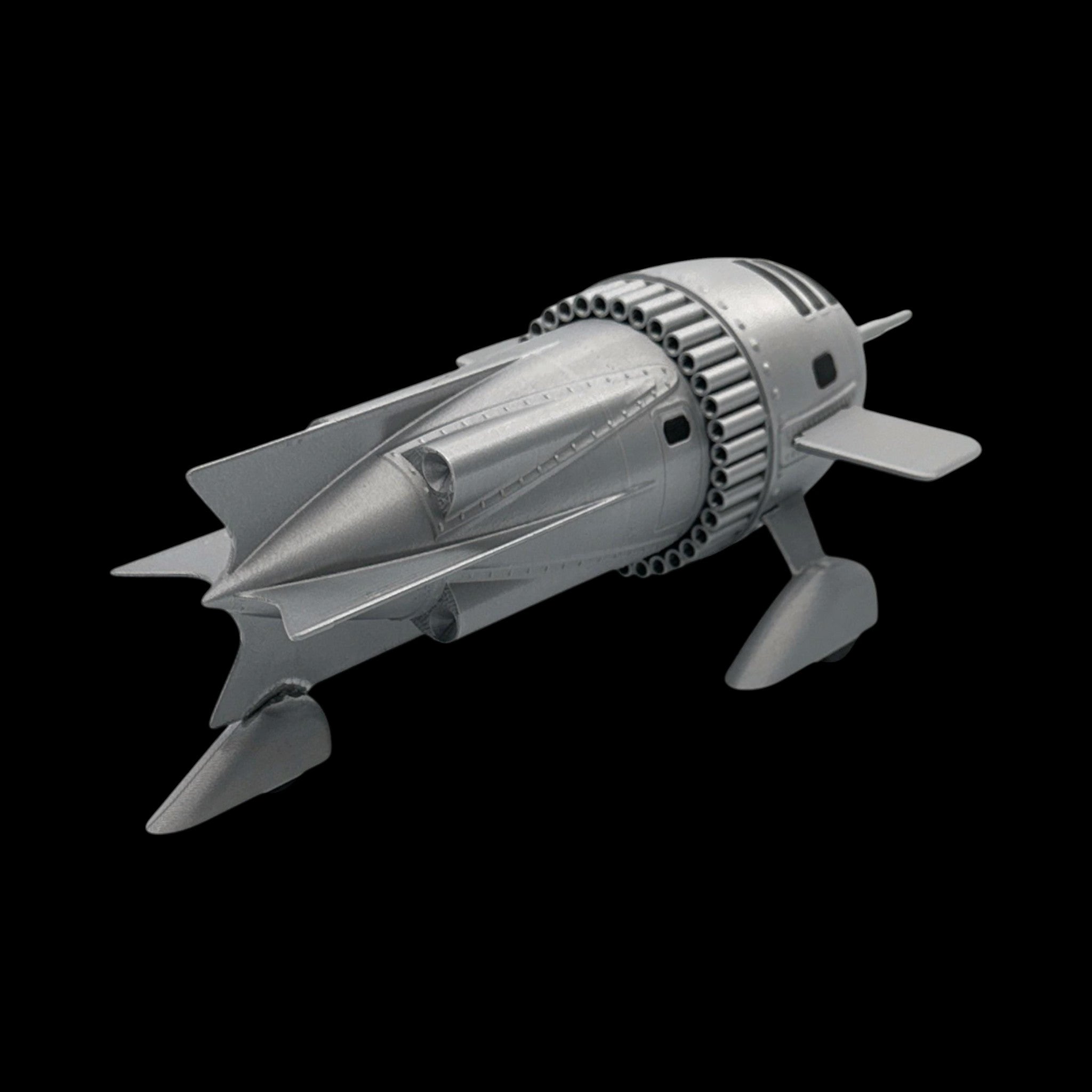 Dr. Zarkov's Rocket Ship – Flash Gordon — view 5, 3D printed replica on black background