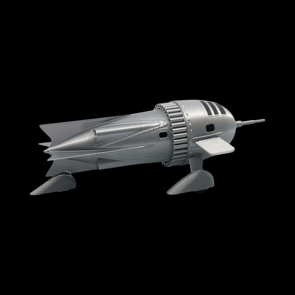 Dr. Zarkov's Rocket Ship – Flash Gordon — view 6, 3D printed replica on black background