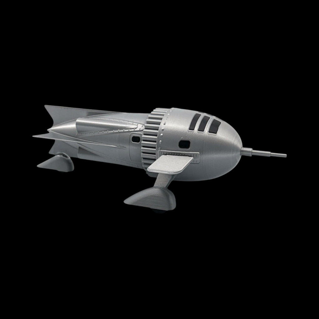 Dr. Zarkov's Rocket Ship – Flash Gordon — view 7, 3D printed replica on black background
