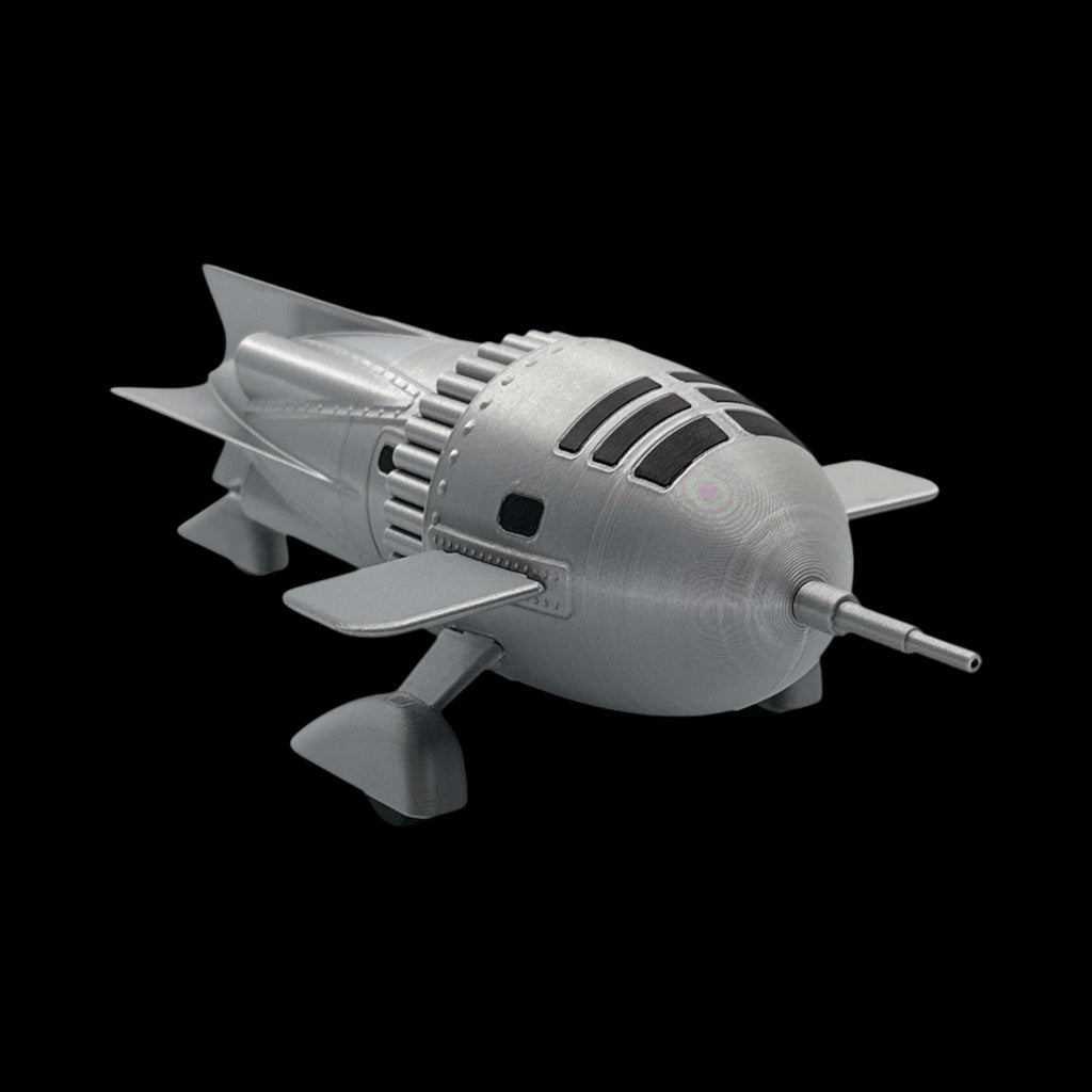 Dr. Zarkov's Rocket Ship – Flash Gordon — view 8, 3D printed replica on black background