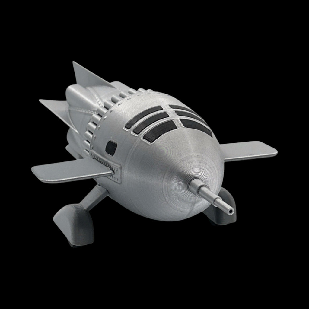 Dr. Zarkov's Rocket Ship – Flash Gordon — view 9, 3D printed replica on black background