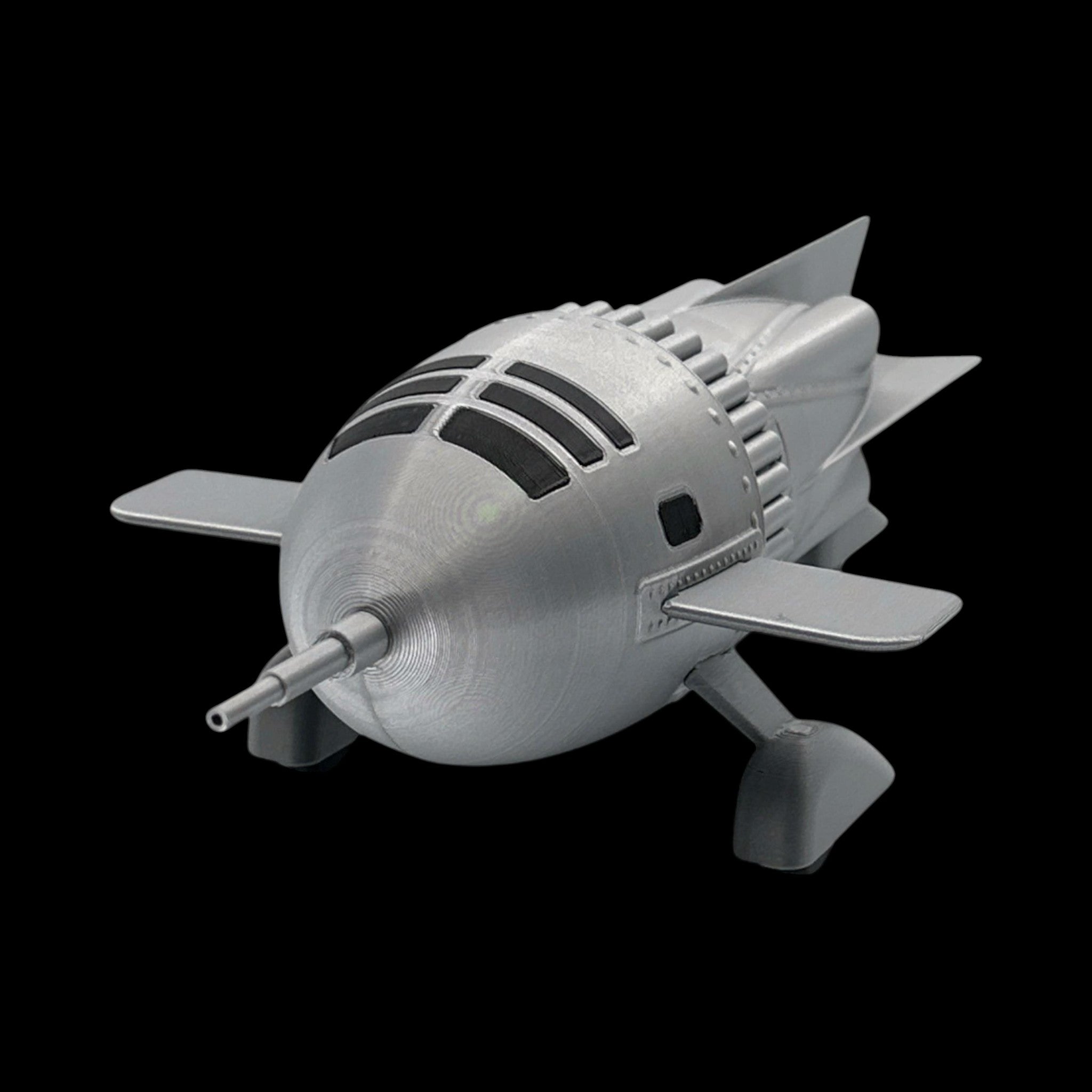 Dr. Zarkov's Rocket Ship – Flash Gordon — view 10, 3D printed replica on black background
