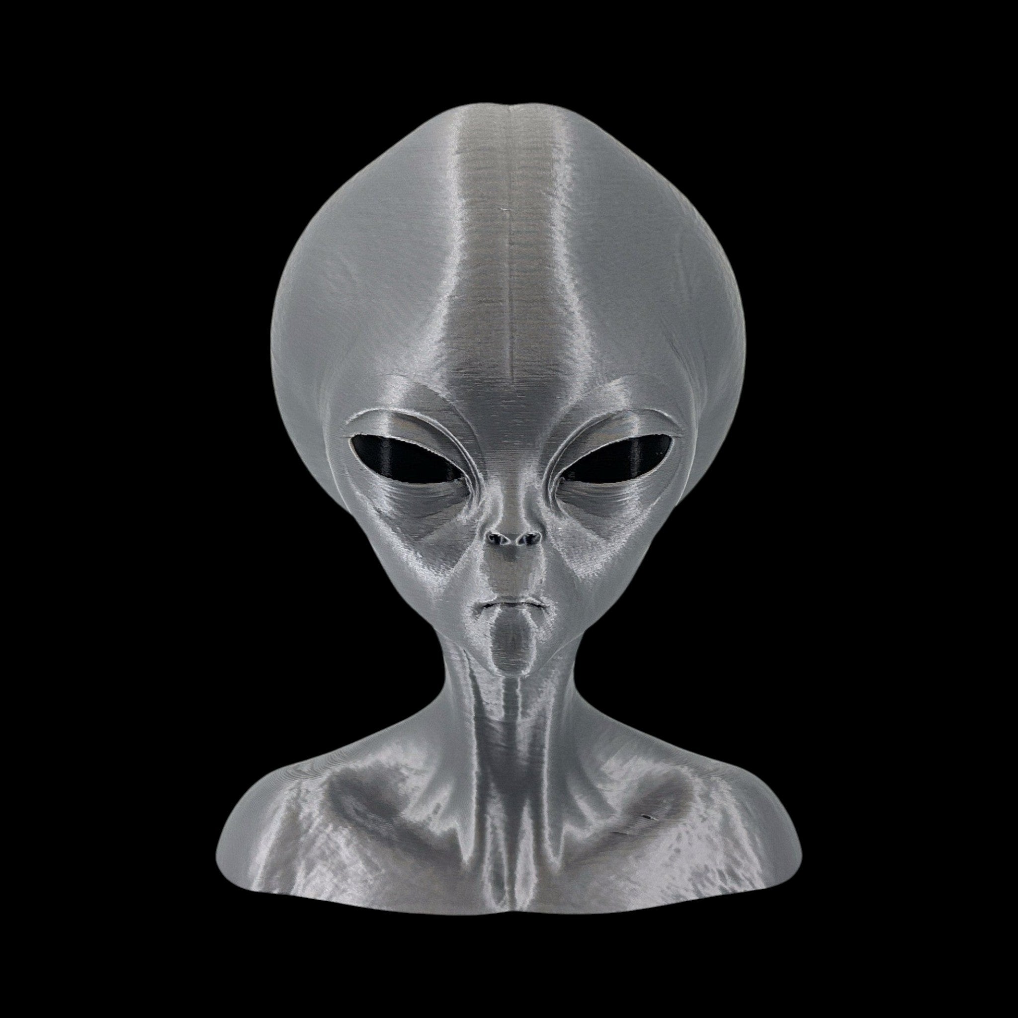 Roswell Grey Alien Bust – 4"–12" — view 2, 3D printed replica on black background