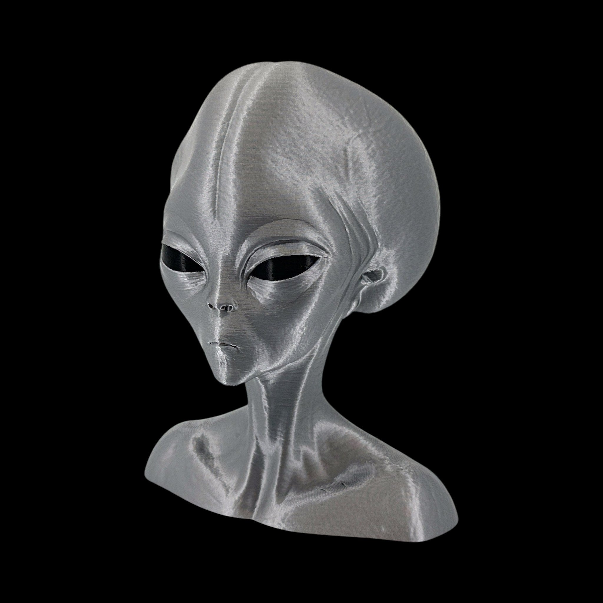 Roswell Grey Alien Bust – 4"–12" — view 3, 3D printed replica on black background