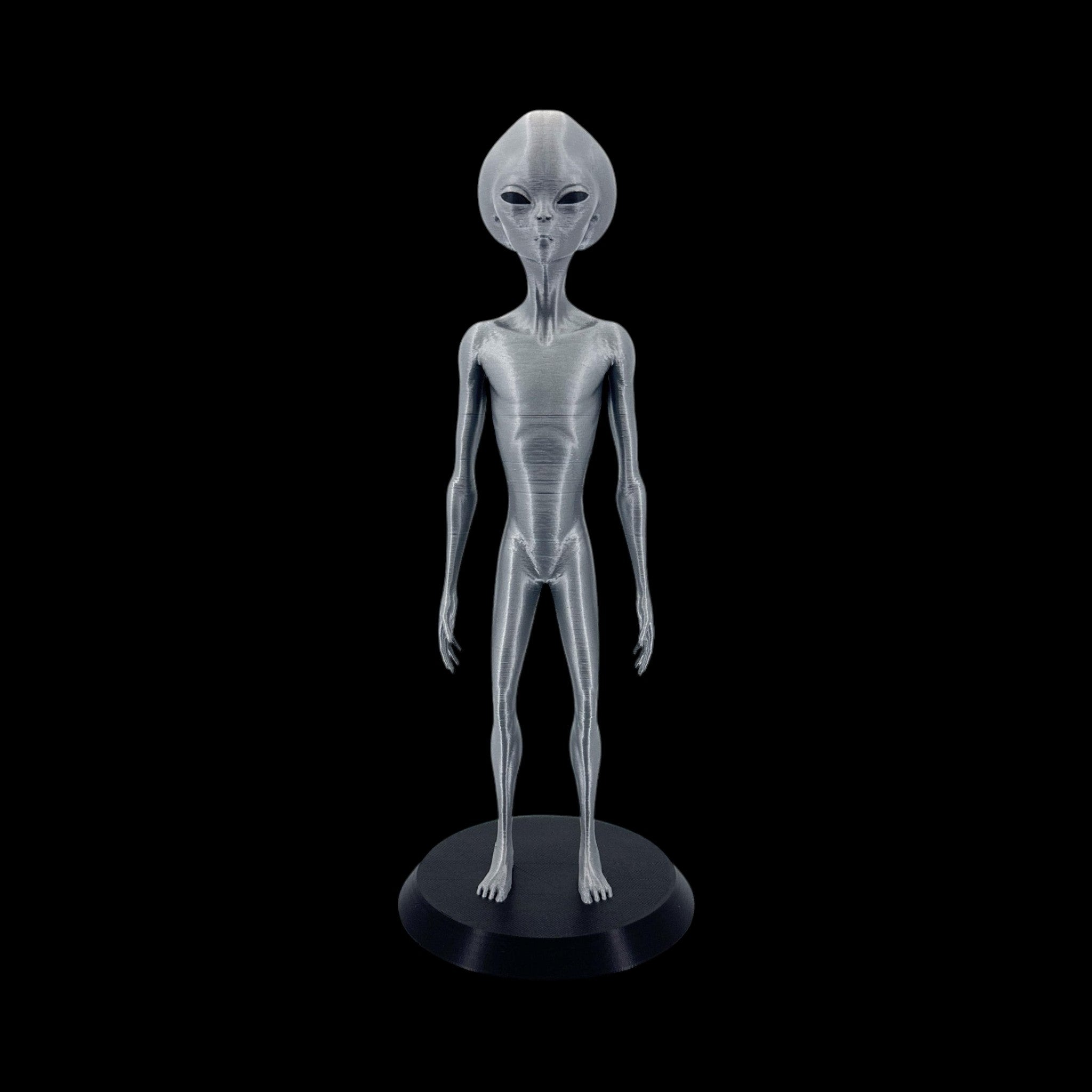 Roswell Grey Alien Figurine – 10"–12" — view 2, 3D printed replica on black background