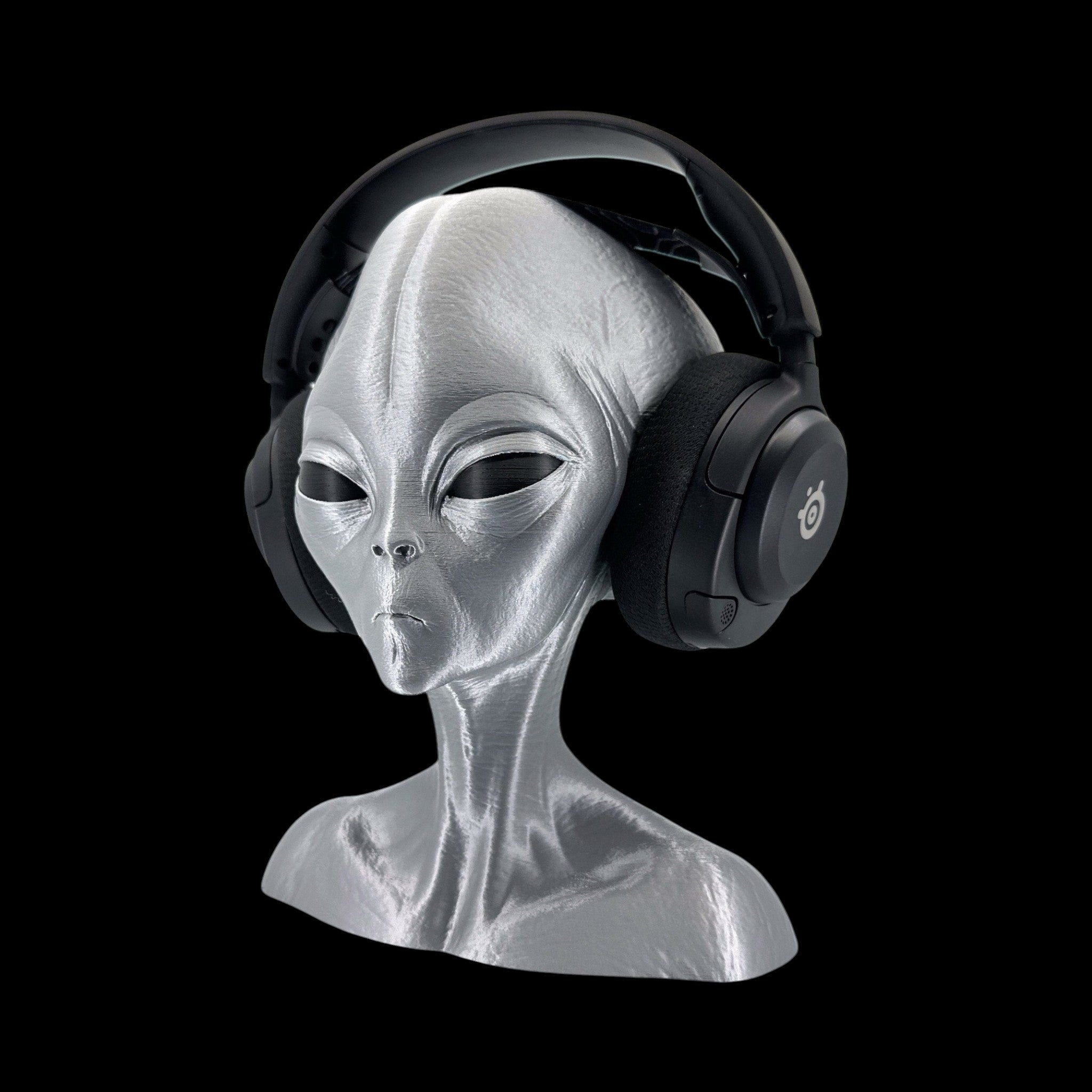 Roswell Grey Alien Headphone Stand – 12" — view 1, 3D printed replica on black background