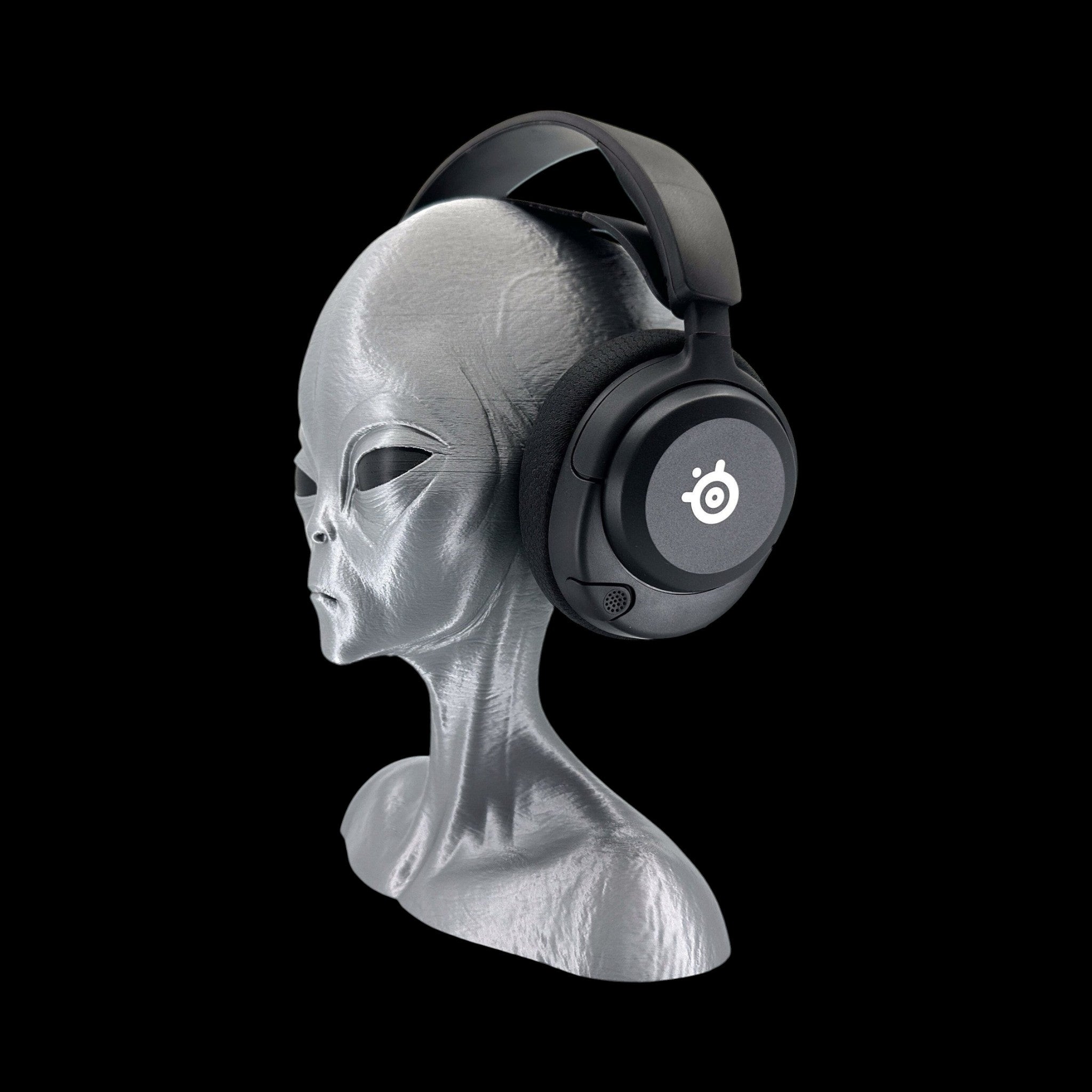 Roswell Grey Alien Headphone Stand – 12" — view 2, 3D printed replica on black background