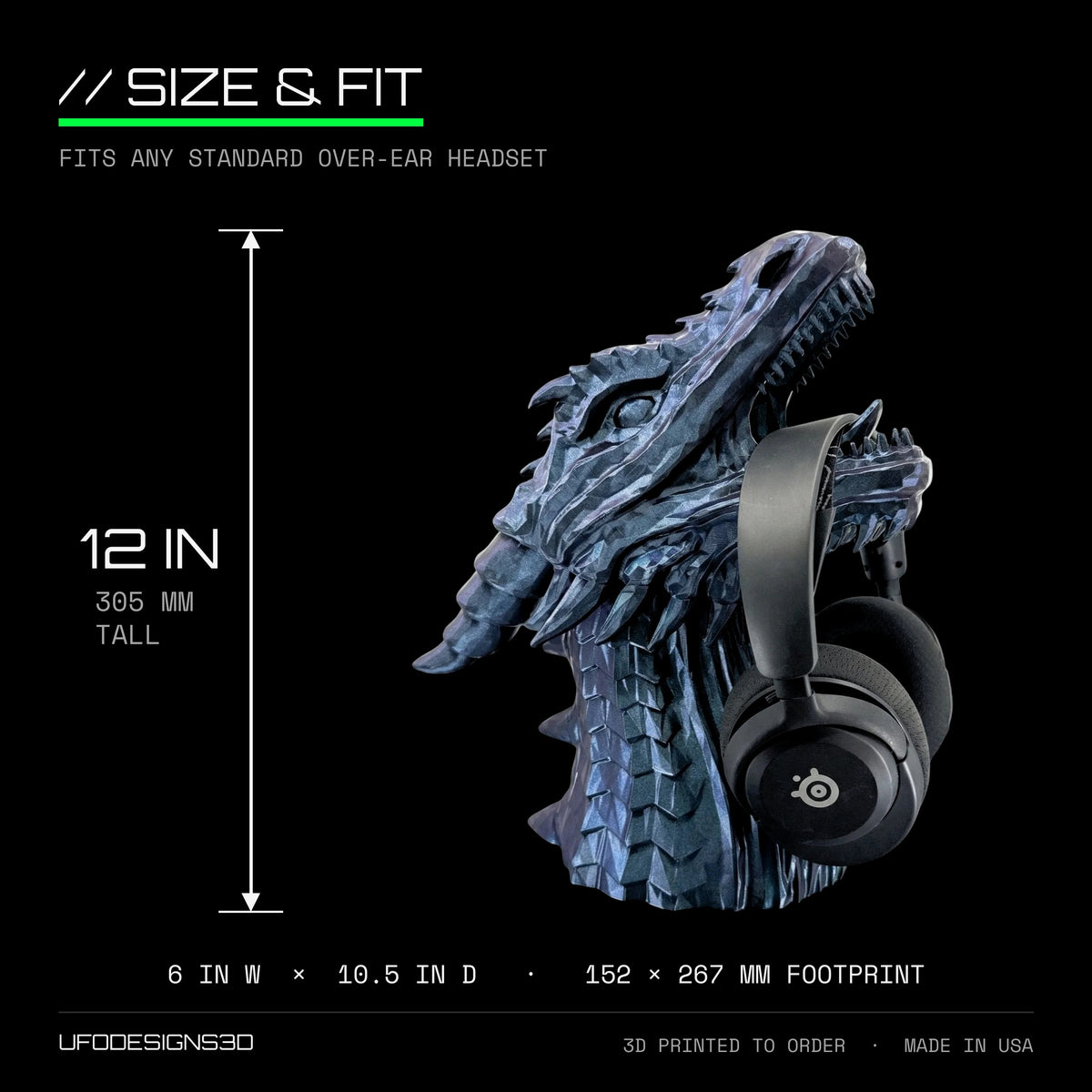 Dragon headphone stand size chart: 12 inches (305 mm) tall, 6 x 10.5 inch footprint, holding an over-ear gaming headset