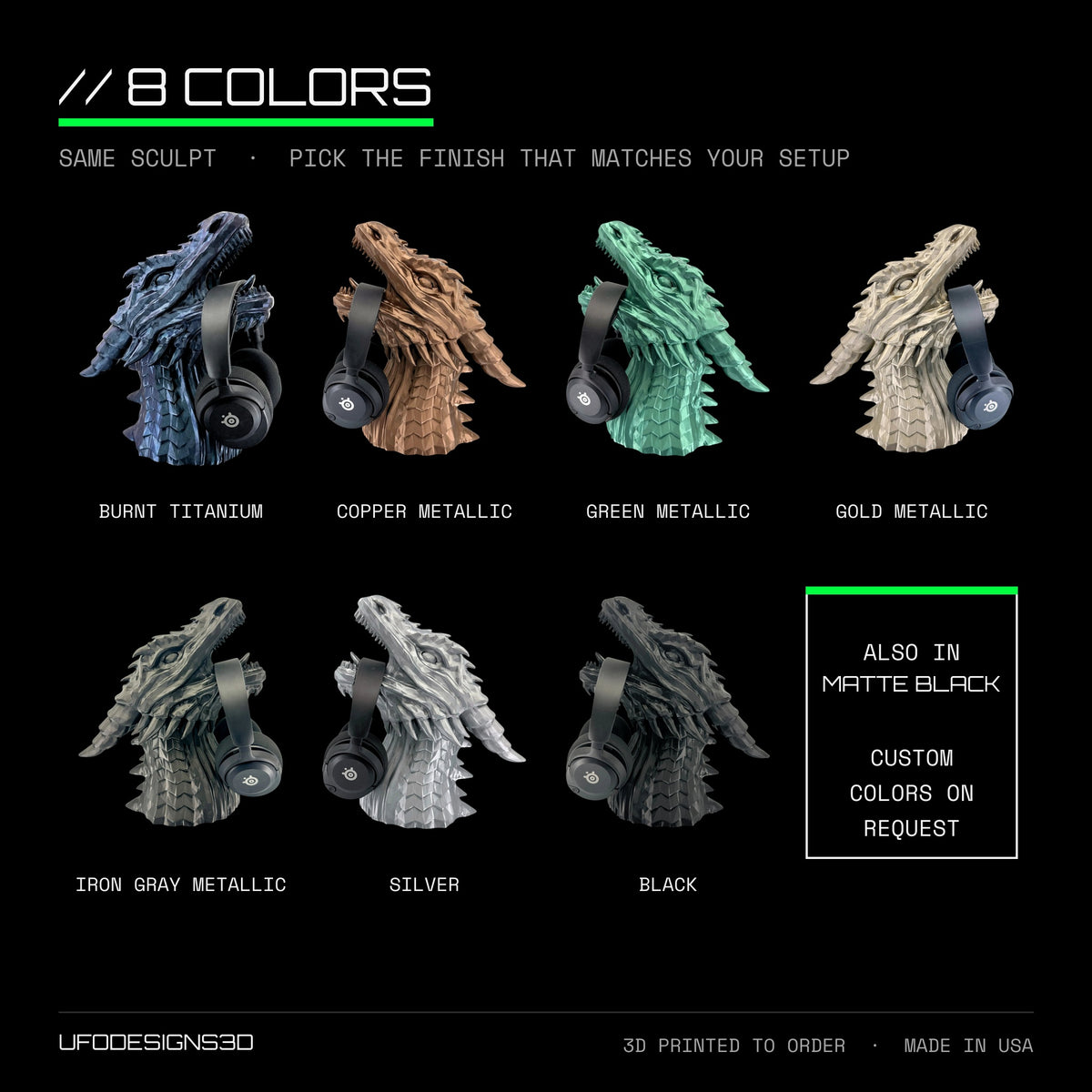 Dragon headphone stand color chart: Burnt Titanium, Copper, Green, Gold and Iron Gray Metallic, Silver, Black, plus Matte Black
