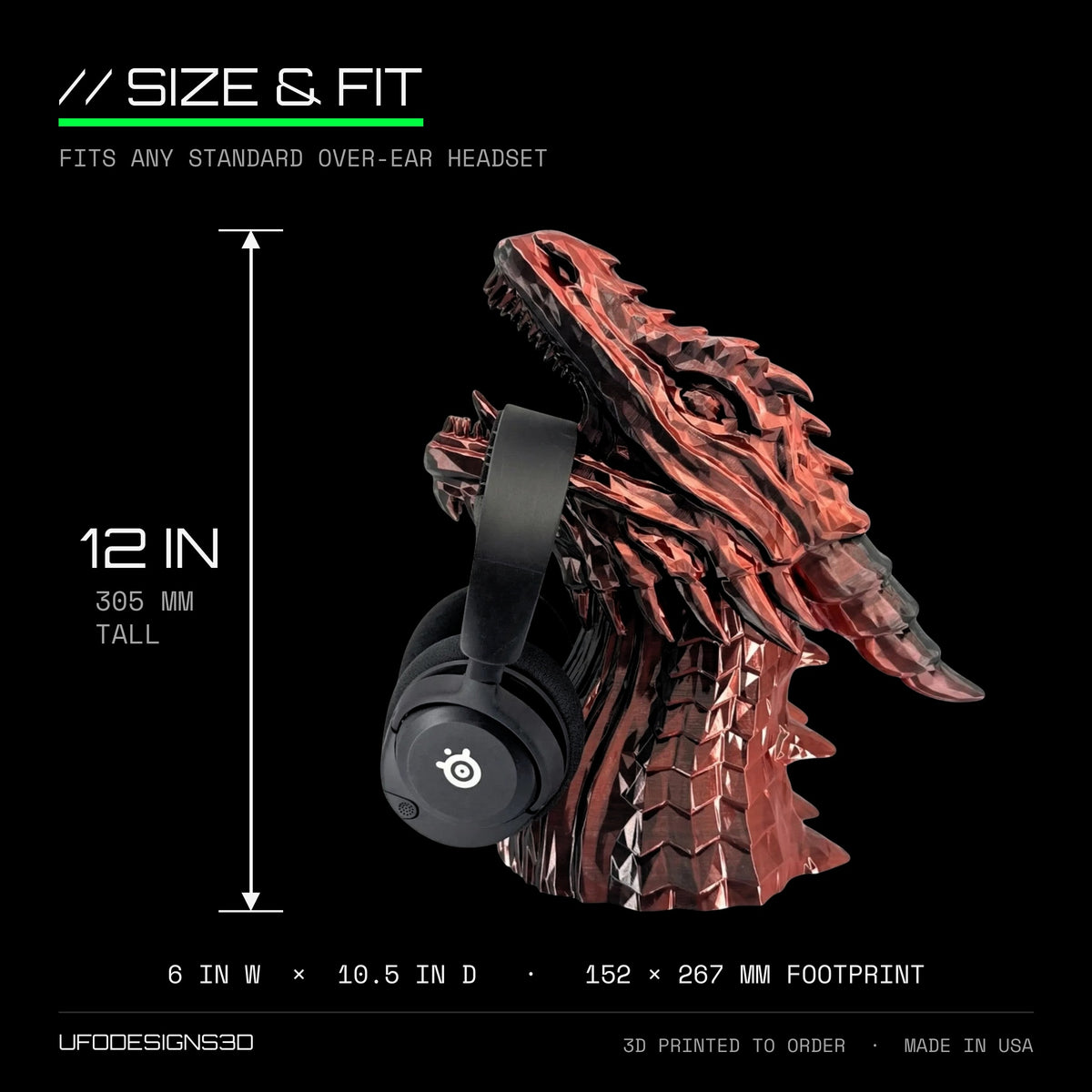 Silk PLA dragon headphone stand size chart: 12 inches (305 mm) tall, 6 x 10.5 inch footprint, shown in Black-Red holding an over-ear gaming headset