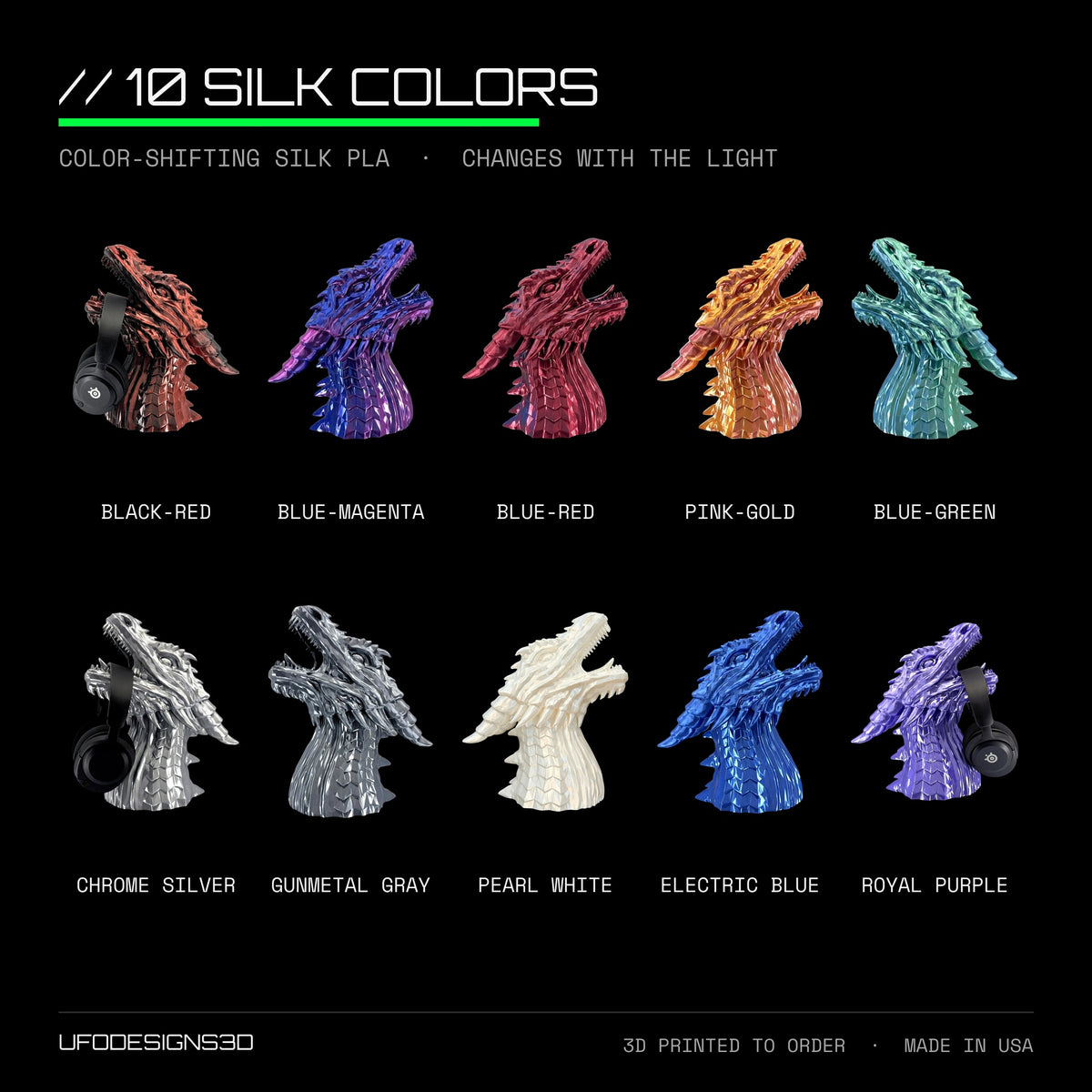 Silk PLA dragon headphone stand color chart: 10 color-shifting silk colors from Black-Red to Royal Purple