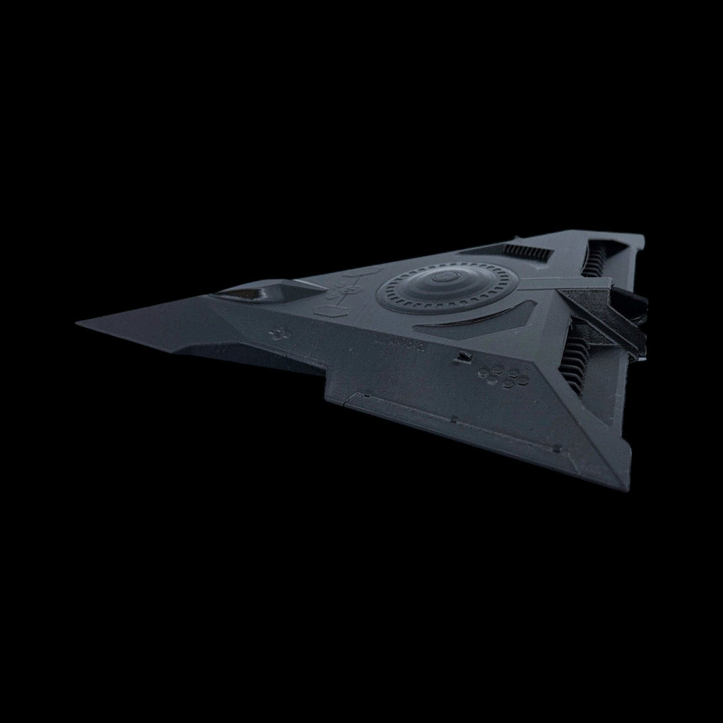 TR-3B Black Manta Stealth Triangle – 6"–12" — view 3, 3D printed replica on black background