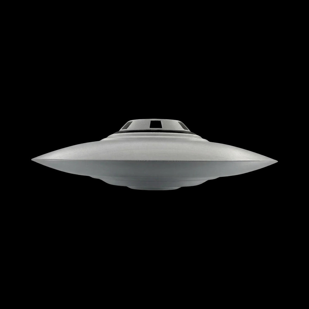 Bob Lazar S4 Sport Model UFO replica front profile view, 3D printed in silver-grey PLA