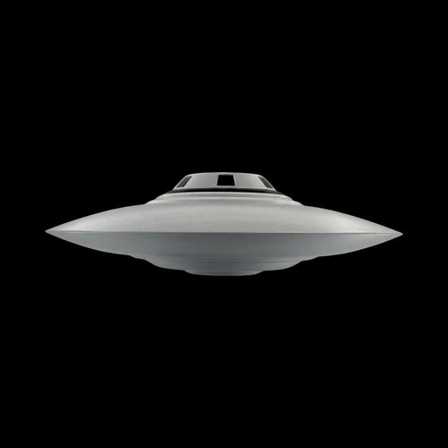 Bob Lazar S4 Sport Model UFO replica front profile view, 3D printed in silver-grey PLA