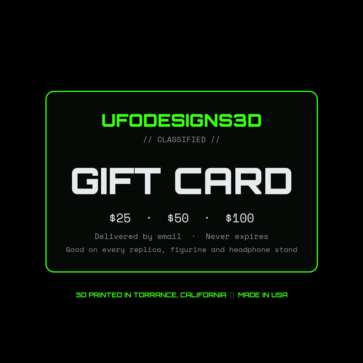 UFODesigns3D digital gift card, $25 to $100, delivered by email